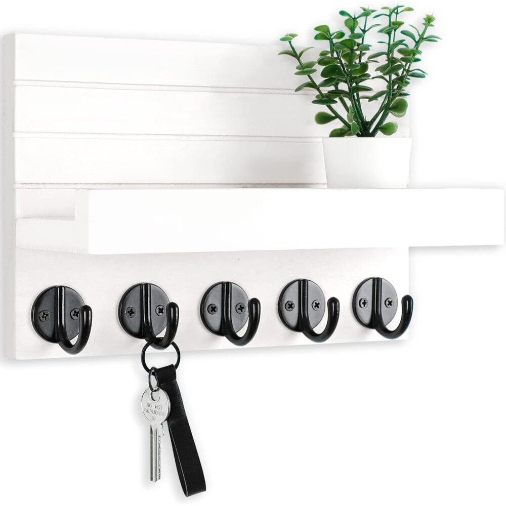 Key Holder for Wall, Decorative Key and Mail Holder with Shelf Has Large Key Hoo